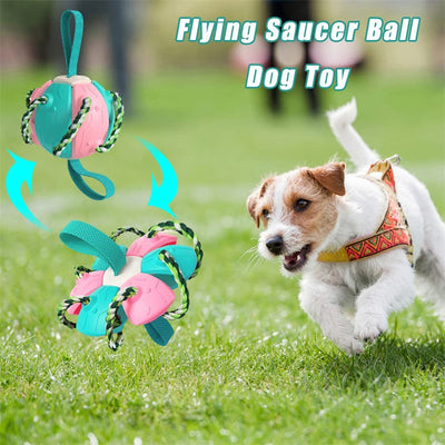 Red and green interactive dog football soccer ball with rope and fabric tabs for training and outdoor play. - Image 3