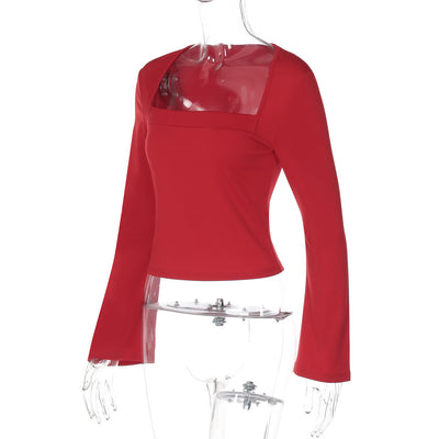 Blusa Cuadrada Entallada con Mangas Acampanadas - Camiseta Lisa de Corte Elegante - Image 14