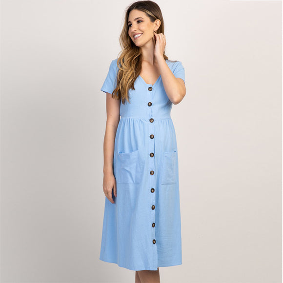 Vestido Largo Holgado Cuello Redondo Manga Corta Color Liso