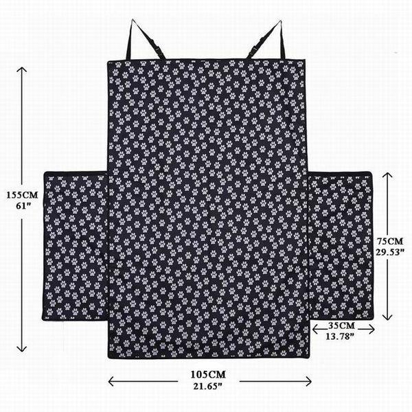 Black waterproof pet car mat with white paw print pattern covering the trunk and back of seats in an SUV.