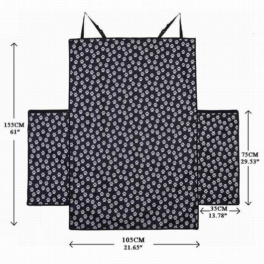 Black waterproof pet car mat with white paw print pattern covering the trunk and back of seats in an SUV.