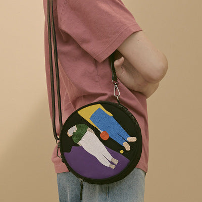 Bolso Redondo Pequeño de Lona con Bordado Diagonal - Image 6