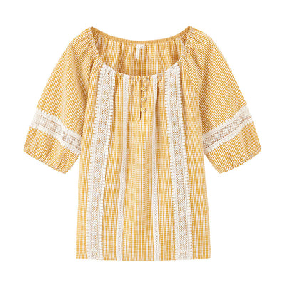 Blusa Pullover de Encaje y Cuadros