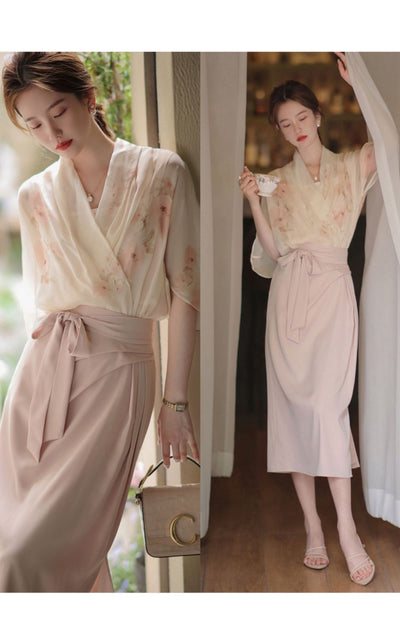 Conjunto de Dos Piezas: Blusa Floral de Gasa con Falda Elegante - Image 9