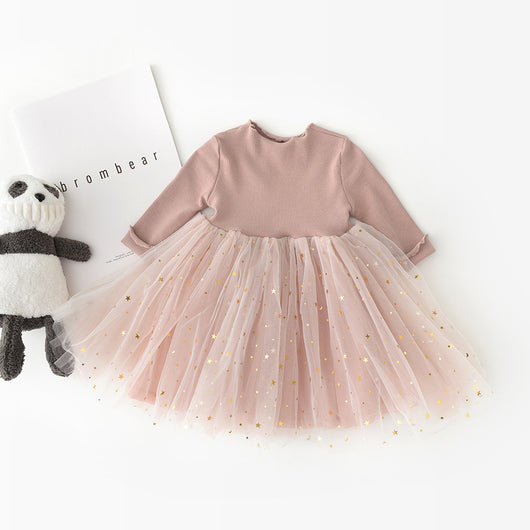 Vestido Infantil de Manga Larga con Diseño de Estrella de Cinco Puntas en Tul - Image 6