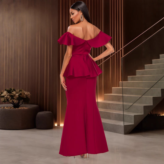 Vestido Fishtail Elegante con Volantes y Hombros Descubiertos - Image 2