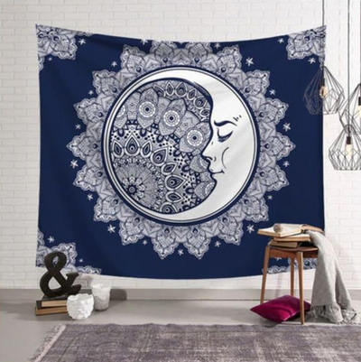 Bohemian sun and moon tapestry with a celestial pattern of golden suns and crescent moons on a dark blue background. - Image 40