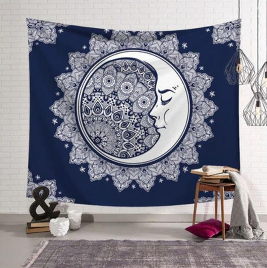Bohemian sun and moon tapestry with a celestial pattern of golden suns and crescent moons on a dark blue background. - Image 40