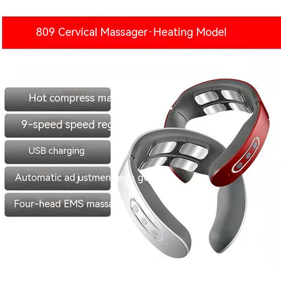 White and gray U-shaped neck massager with six silver electrode pads and control buttons on one arm. - Image 9
