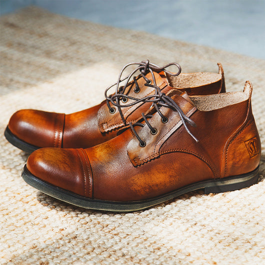 Zapatos Casuales de Cuero Vintage para Hombre con Puntera Redonda Transpirable