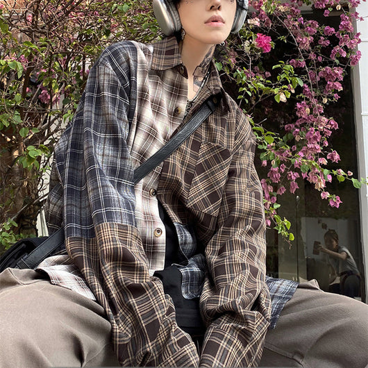 Camisa de Cuadros Patchwork Irregular de Manga Larga - Image 7
