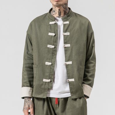 Chaqueta de Lino y Algodón Tang Retro Clásico con Cierre de Disco - Talla Grande Hombre - Image 3