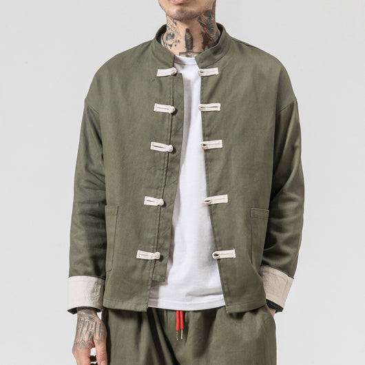 Chaqueta de Lino y Algodón Tang Retro Clásico con Cierre de Disco - Talla Grande Hombre - Image 3