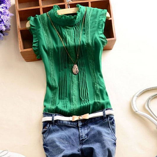 Camiseta Chaleco con Volantes en Cuello y Color Liso