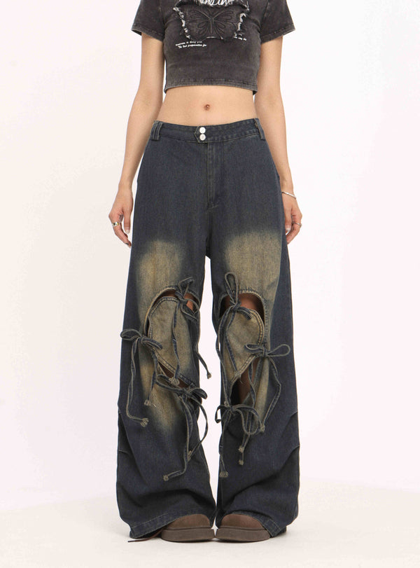 Pantalones Vaqueros Rotos con Cordones Cintura Alta Pierna Recta Mujer
