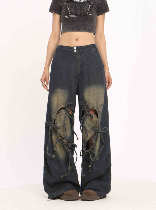 Pantalones Vaqueros Rotos con Cordones Cintura Alta Pierna Recta Mujer - Image 2
