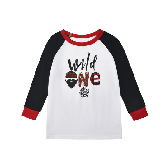 White long-sleeve pajama top with "wild one" graphic and red and black plaid pants. - Image 6