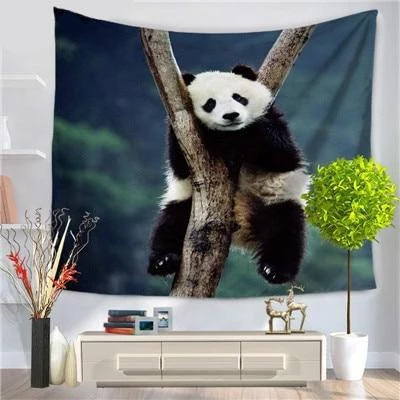 Digital printed tapestry featuring a cute panda bear resting on a tree branch against a dark green background. - Image 2