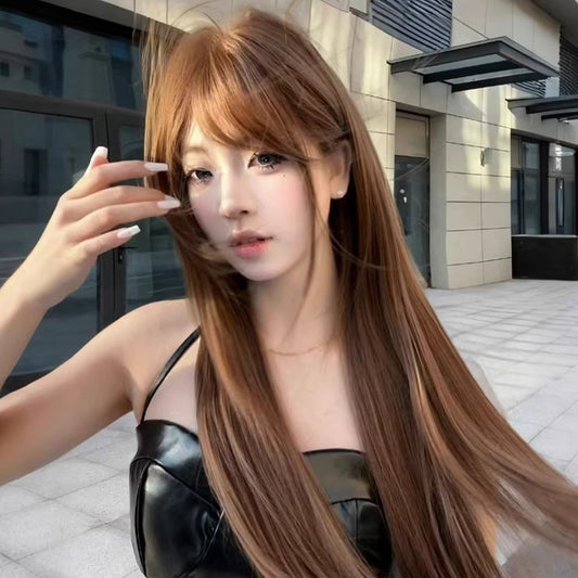 Peluca Larga Castaño Cálido Cabello Liso Efecto Rejuvenecedor