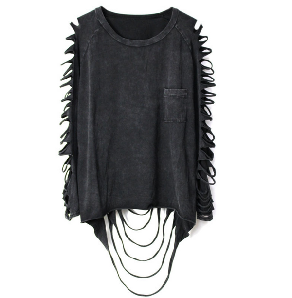 Playera Grunge Punk Hippie Talla Grande Manga Larga con Detalles Recortados para Mujer