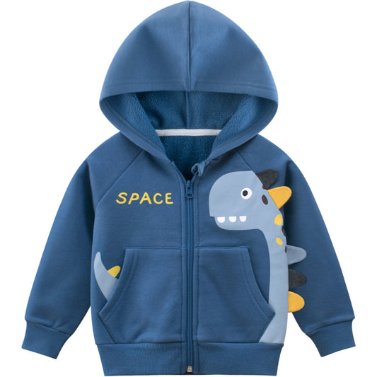 Blue children's fleece hooded jacket with a full zipper, featuring a light blue dinosaur appliqué and "SPACE" embroidery.
