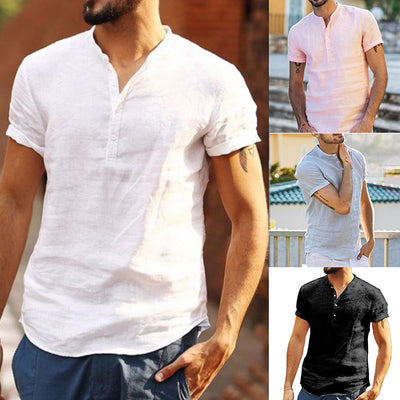 Camisa de Lino y Algodón con Cuello de Pie de Manga Corta