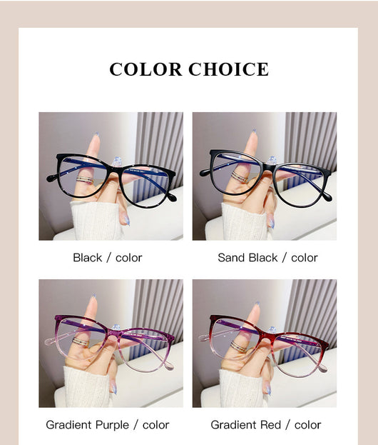 Black full-frame round anti-blue light glasses held by a hand with a gold ring and light blue gradient nails. - Image 18