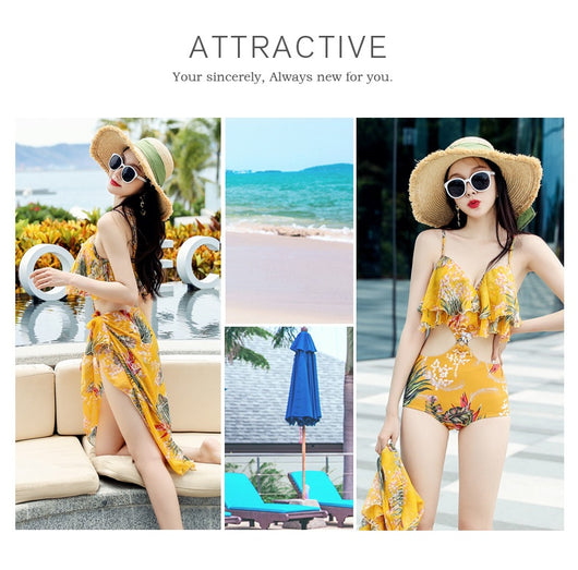 Pink tropical print three-piece women's swimwear set with ruffled bikini top, high-waisted bottoms, and matching sarong. - Image 31