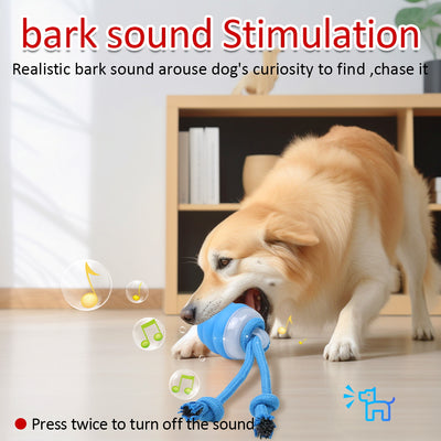 Blue and white textured dog toy with rope, shown alone and a black and white puppy carrying it. - Image 4