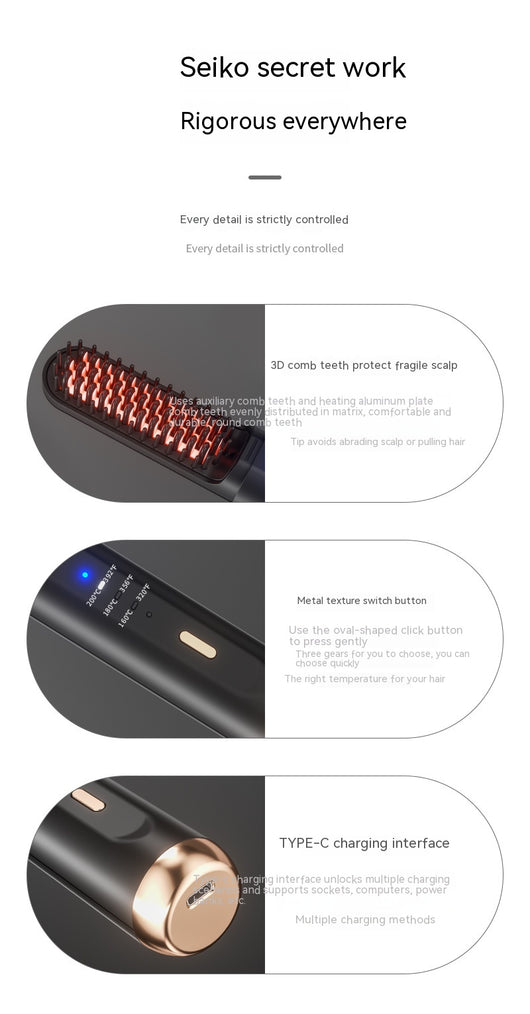 Black and rose gold wireless negative ion straight hair comb with three temperature settings and a sleek, portable design. - Image 9