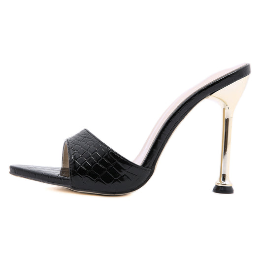 Sandalias Tacón Alto Punta Metálica Boca de Pez Estampado Serpiente - Image 9