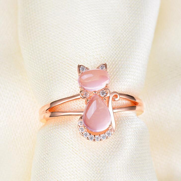 Juego de Joyas Felinas en Oro Rosa con Cristal de Cuarzo