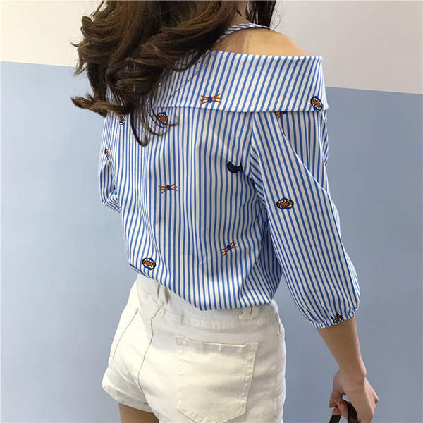 Blusa Rayada Hombros Descubiertos con Cuello Cosido