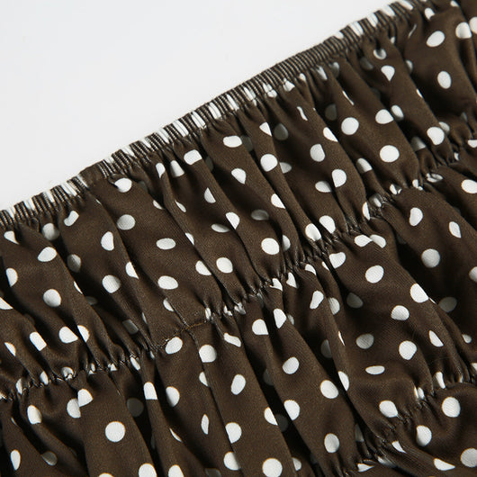 Dark brown polka dot halter bikini top with matching shirred high-waisted shorts for women. - Image 28