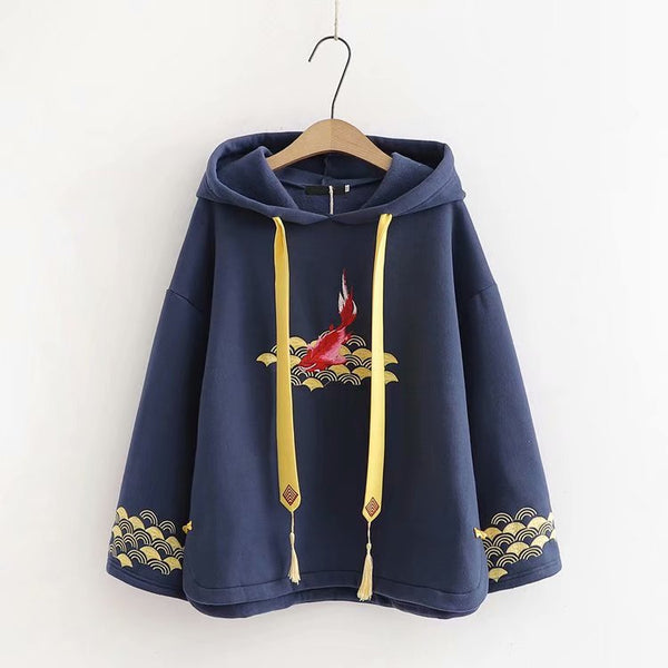 Sudadera con Capucha Estilo Japonés Oversize Bordada Retro