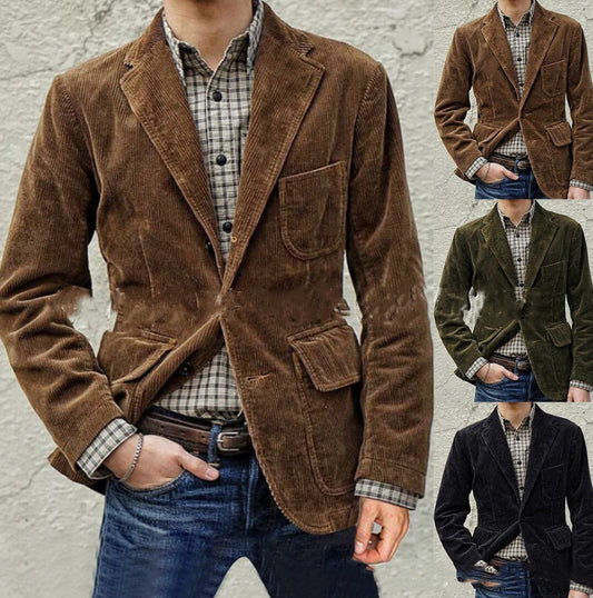 Blazer Casual Retro Liso para Hombre - Traje de Color Único