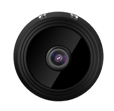 White A9 WIFI wireless network camera with a black lens, shown next to a black 32GB microSD card.