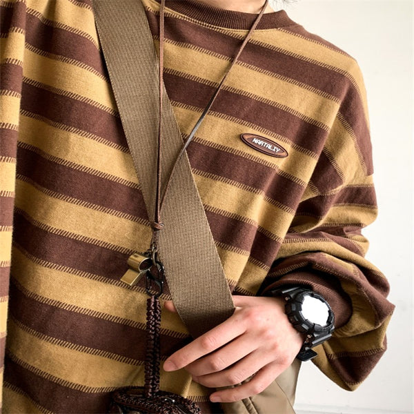Camiseta Retro a Rayas Estilo Japonés Manga Larga Holgada Khaki para Parejas