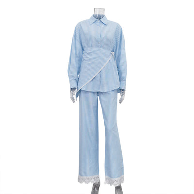 Conjunto de 3 Piezas: Camisa Casual a Rayas con Solapa y Pantalón Ancho - Image 27