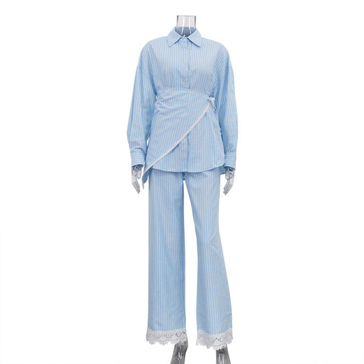 Conjunto de 3 Piezas: Camisa Casual a Rayas con Solapa y Pantalón Ancho - Image 27