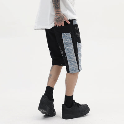 Shorts Denim con Paneles de Contraste Bordados para Hombre - Image 3
