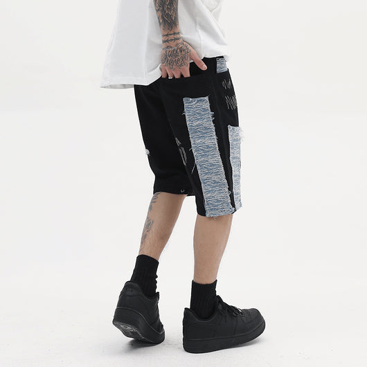 Shorts Denim con Paneles de Contraste Bordados para Hombre - Image 3