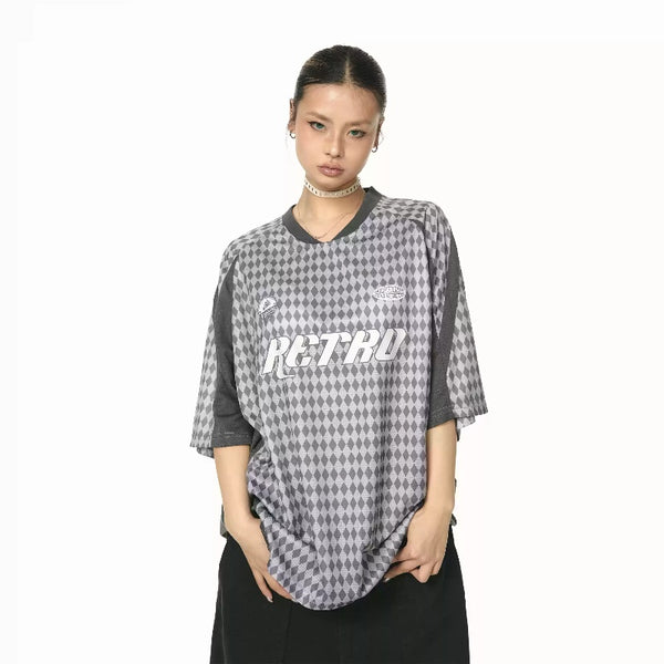 Playera Suelta Escote V Mujer Verano Rombos Casual Versátil