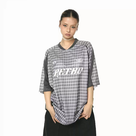 Playera Suelta Escote V Mujer Verano Rombos Casual Versátil