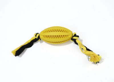 Green rubber pet molar toy with a football shape and textured surface, featuring red and green braided rope knots. - Image 22
