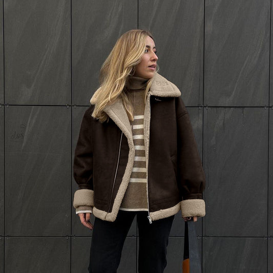Chaqueta Vintage de Gamuza Suelta y Lana de Cordero Cálida