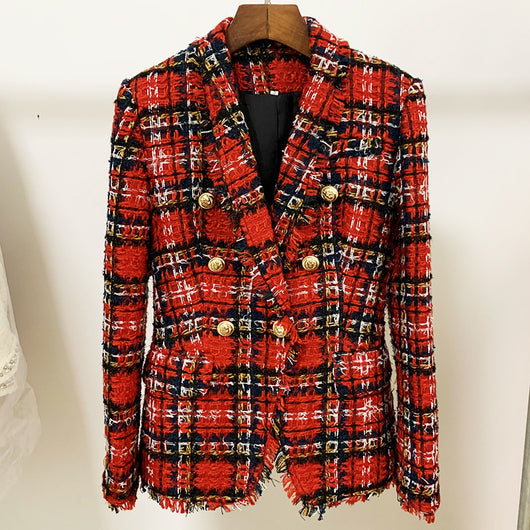 Blazer Tweed Cuadros Doble Botonadura con Cuello Flequeado - Image 18
