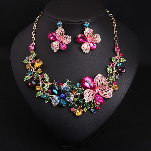 Colorful flower crystal diamond short clavicle necklace and matching earrings set, featuring gold-tone metal and vibrant rhinestones.