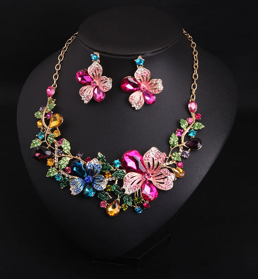 Colorful flower crystal diamond short clavicle necklace and matching earrings set, featuring gold-tone metal and vibrant rhinestones. - Image 3