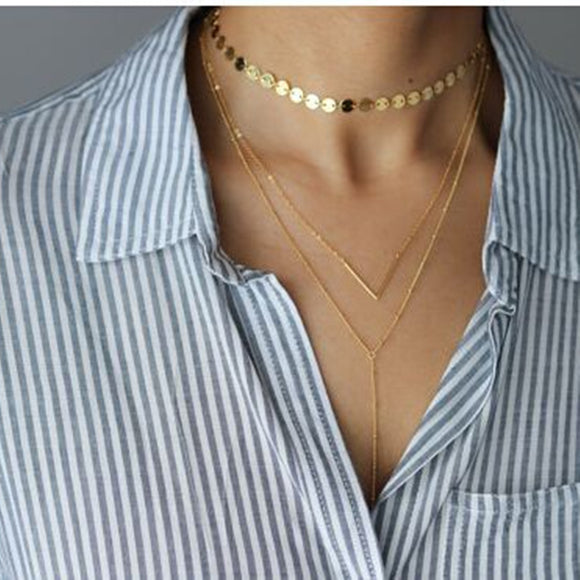 Collar Colgante V Vintage con Lentejuelas de Aleación - Gargantilla Multicapa